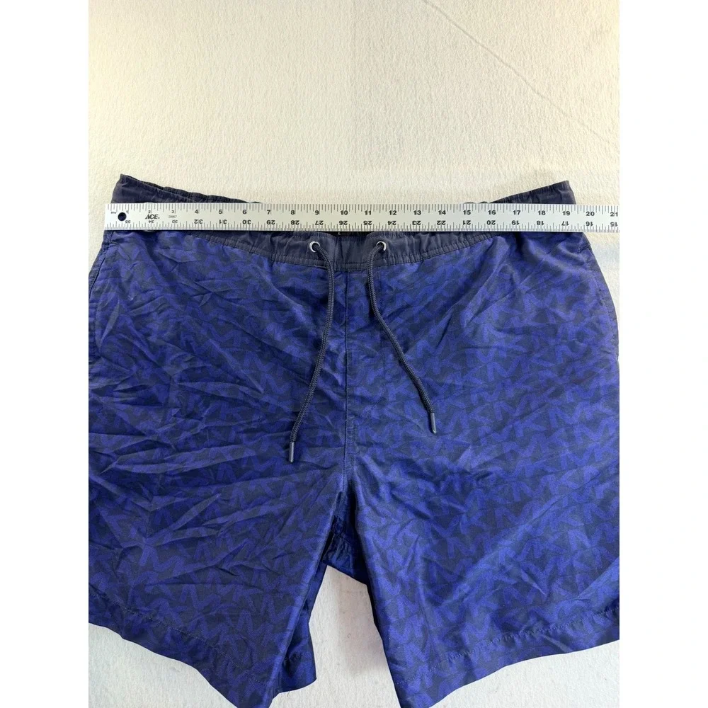 Michael Kors Mens Navy Blue Monogram Logo Swim Trunks Shorts Size L Drawstring